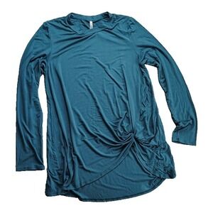 Azules Twist Front Tunic‎ Top Teal Long Sleeve Asymmetrical Hem Women's L USA